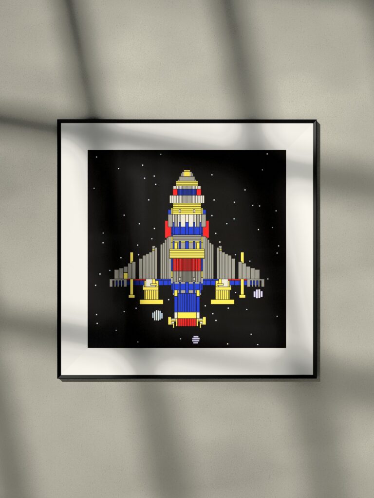 Ember Voyager 2 by Zolo Kis — framed print of a rocket on black, hanging on a wall in window light