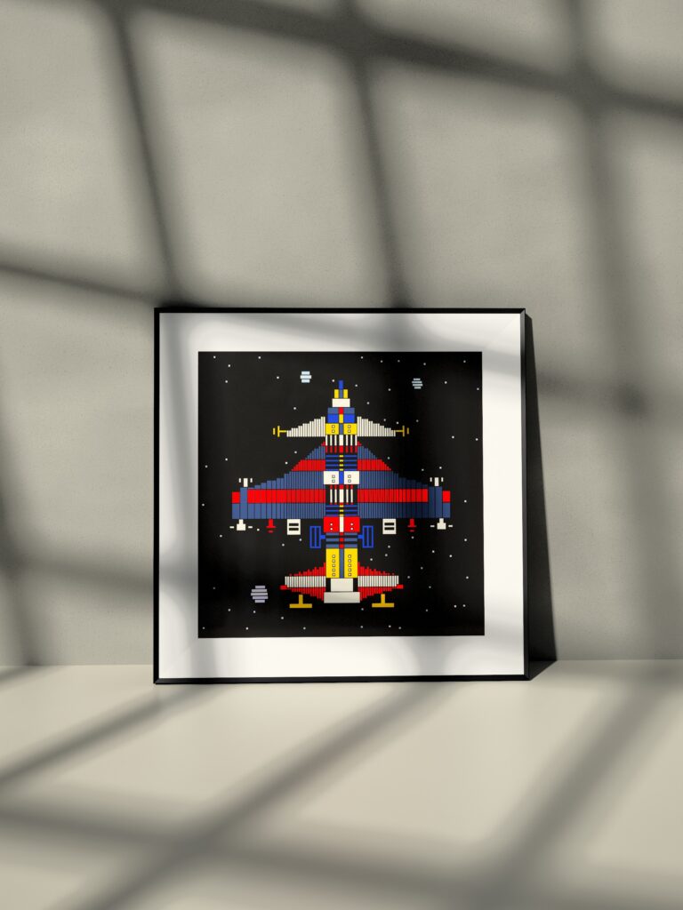 Ember Voyager 2 fine art print by Zolo Kis — framed with a passe-partout, leaning against a wall on a shelf