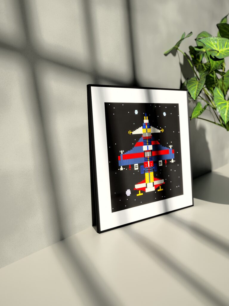Ember Voyager 2 fine art print by Zolo Kis — framed with a passe-partout, standing on a shelf next to a green plant