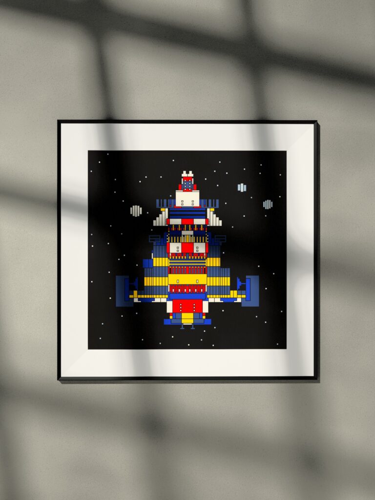 Halcyon 7 by Zolo Kis — framed print of a rocket on black, hanging on a wall in window light
