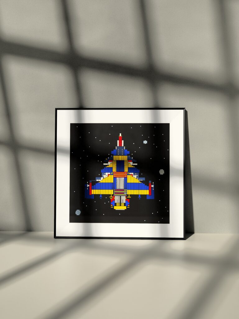 Halcyon 7 fine art print by Zolo Kis — framed with a passe-partout, leaning against a wall on a shelf