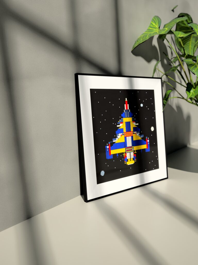 Halcyon 7 fine art print by Zolo Kis — framed with a passe-partout, standing on a shelf next to a green plant