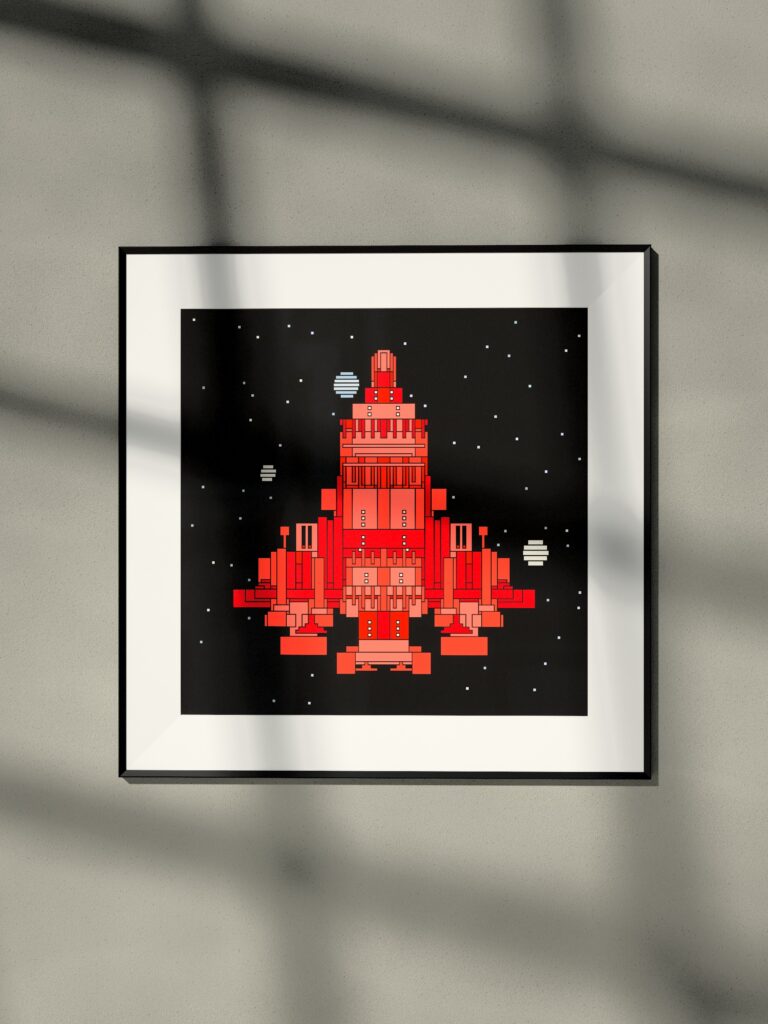 Kestrel Drift 5 by Zolo Kis — framed print of a rocket on black, hanging on a wall in window light