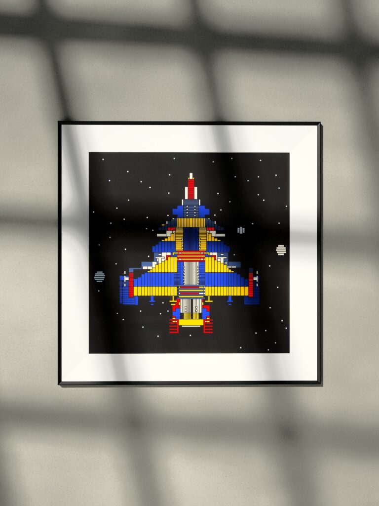 Long Haul 9 by Zolo Kis — framed print of a rocket on black, hanging on a wall in window light