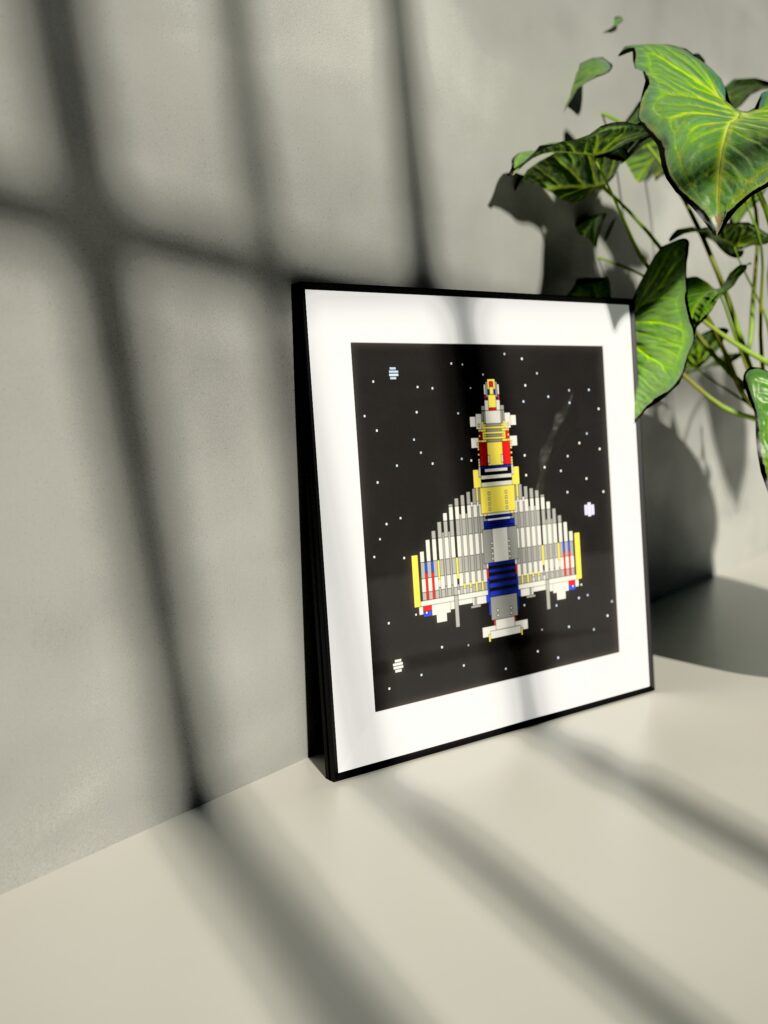 Long Haul 9 fine art print by Zolo Kis — framed with a passe-partout, standing on a shelf next to a green plant