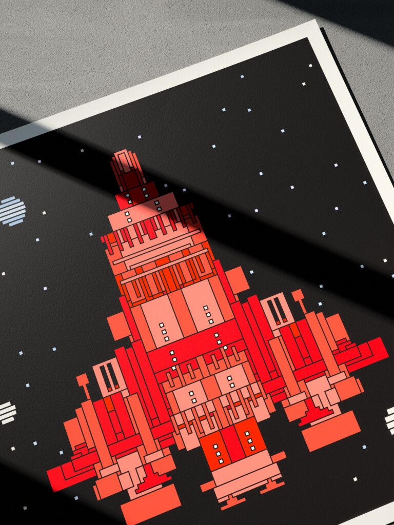 Lumen Ark 11 fine art print by Zolo Kis — close-up of the printed rocket on the sheet, at an angle