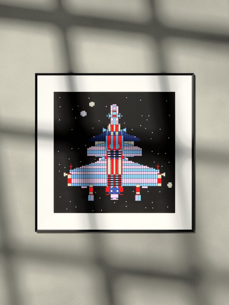 Lumen Ark 11 by Zolo Kis — framed print of a rocket on black, hanging on a wall in window light