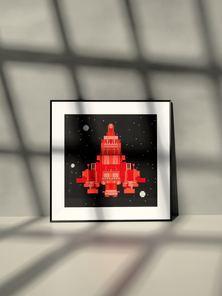 Lumen Ark 11 fine art print by Zolo Kis — framed with a passe-partout, leaning against a wall on a shelf