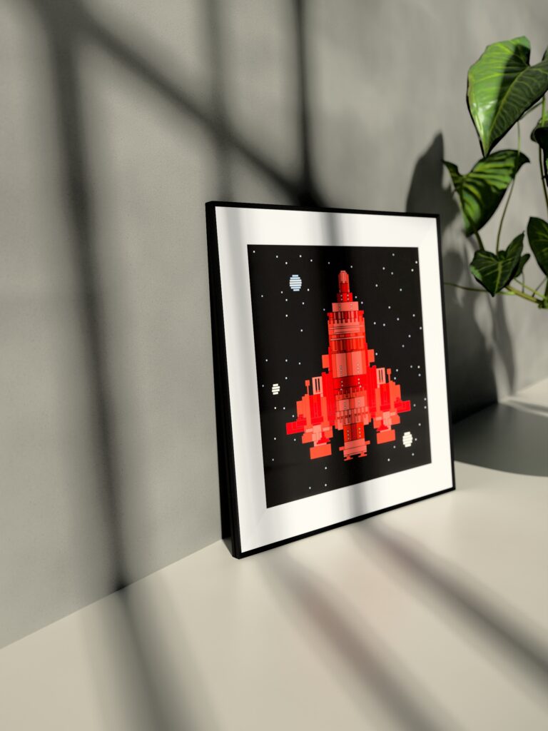 Lumen Ark 11 fine art print by Zolo Kis — framed with a passe-partout, standing on a shelf next to a green plant