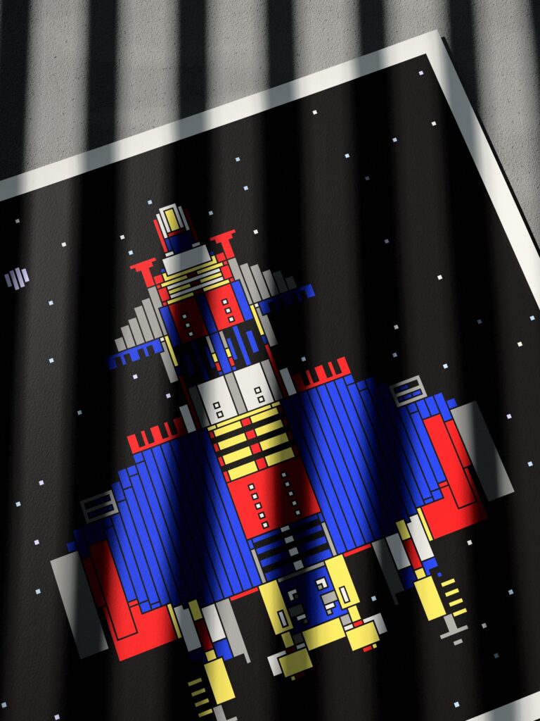 Meridian Pod 8 fine art print by Zolo Kis — close-up of the printed rocket on the sheet, at an angle