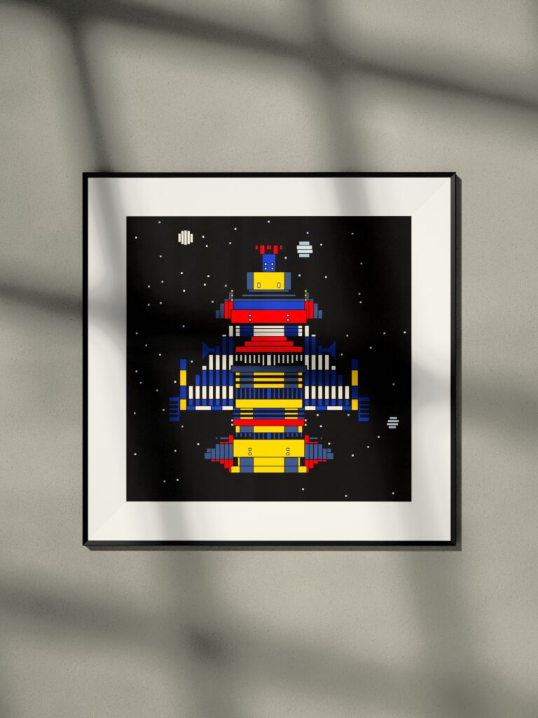 Meridian Pod 8 by Zolo Kis — framed print of a rocket on black, hanging on a wall in window light
