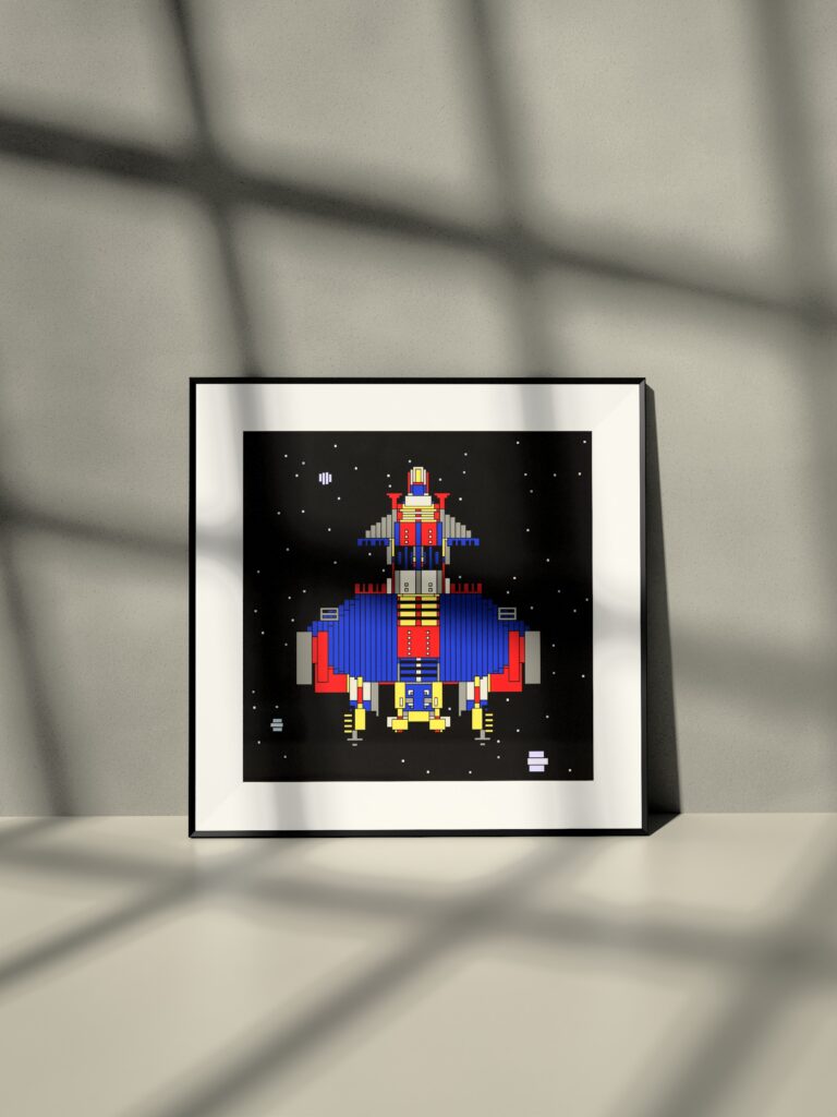 Meridian Pod 8 fine art print by Zolo Kis — framed with a passe-partout, leaning against a wall on a shelf