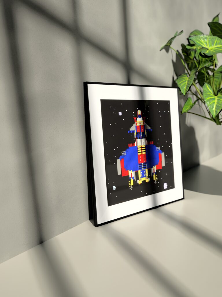 Meridian Pod 8 fine art print by Zolo Kis — framed with a passe-partout, standing on a shelf next to a green plant