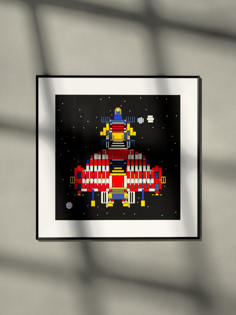 Nomad Pod 3 by Zolo Kis — framed print of a rocket on black, hanging on a wall in window light