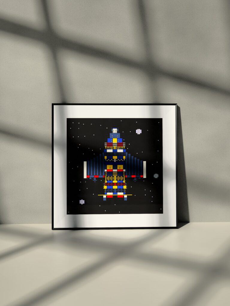 Nomad Pod 3 fine art print by Zolo Kis — framed with a passe-partout, leaning against a wall on a shelf