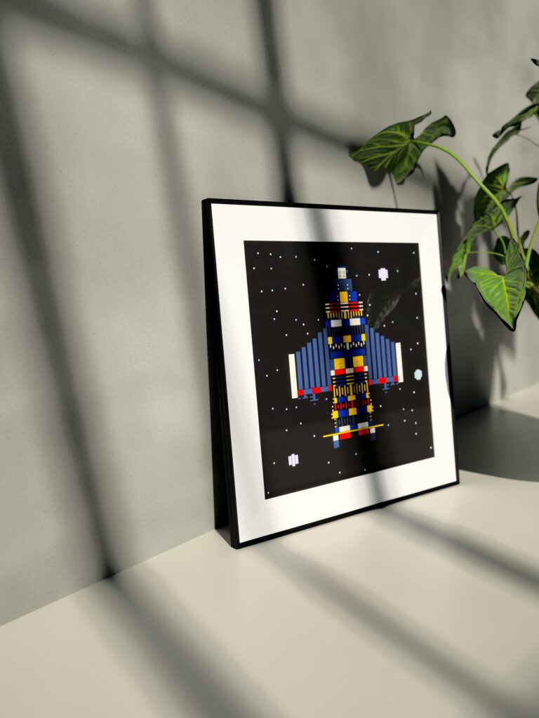 Nomad Pod 3 fine art print by Zolo Kis — framed with a passe-partout, standing on a shelf next to a green plant