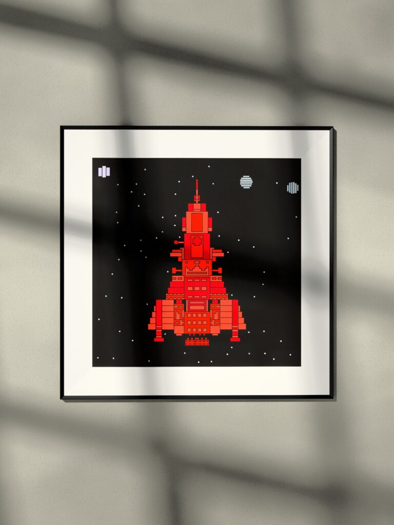 Northlight 12 by Zolo Kis — framed print of a rocket on black, hanging on a wall in window light