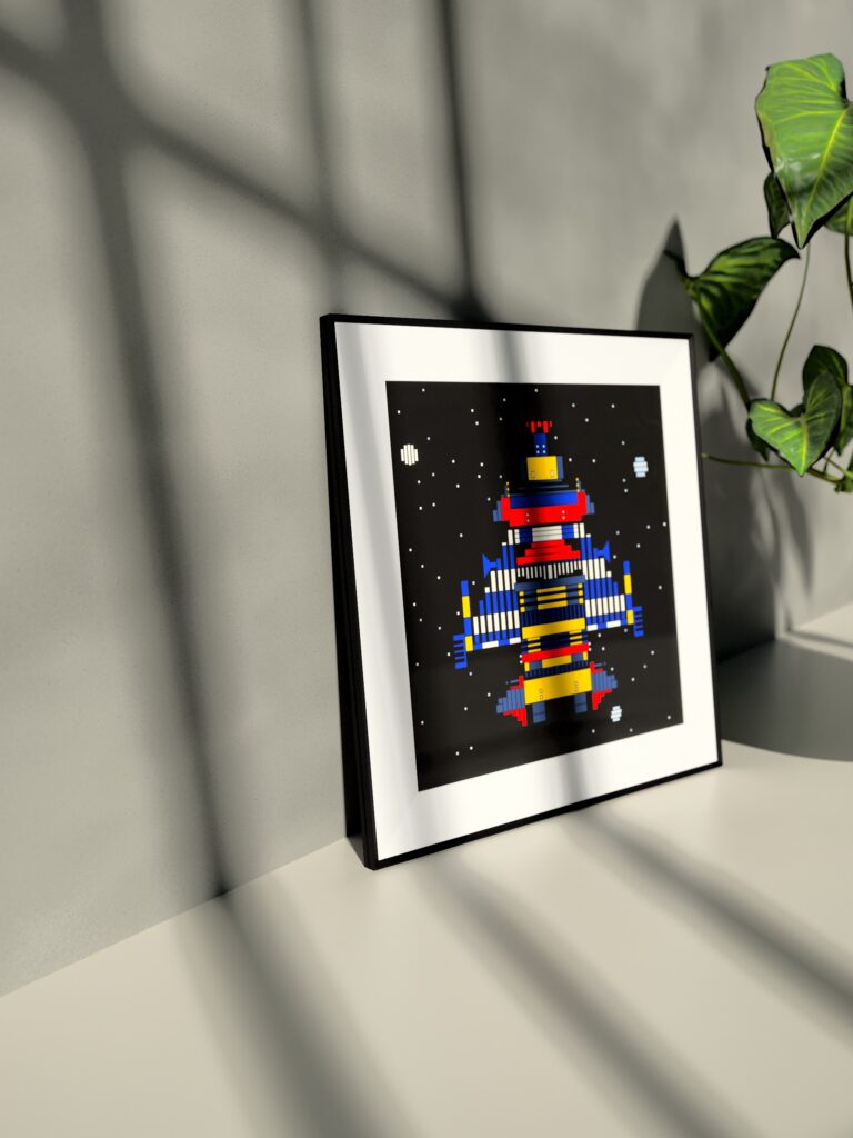 Northlight 12 fine art print by Zolo Kis — framed with a passe-partout, standing on a shelf next to a green plant