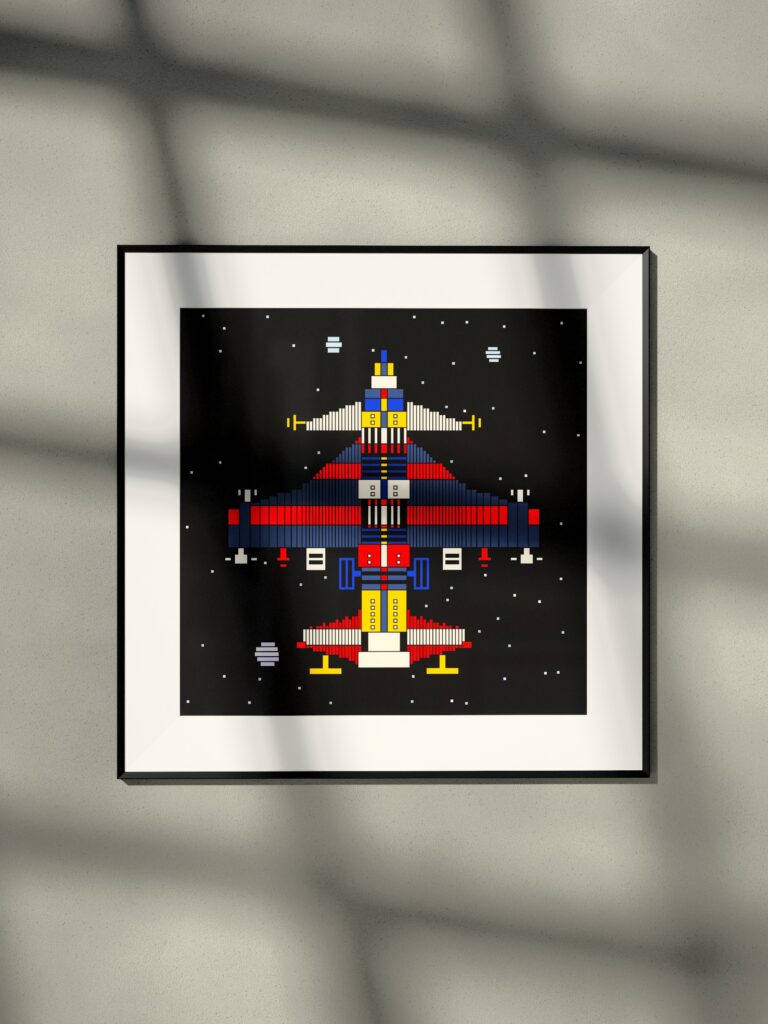 Orbis Glider by Zolo Kis — framed print of a rocket on black, hanging on a wall in window light