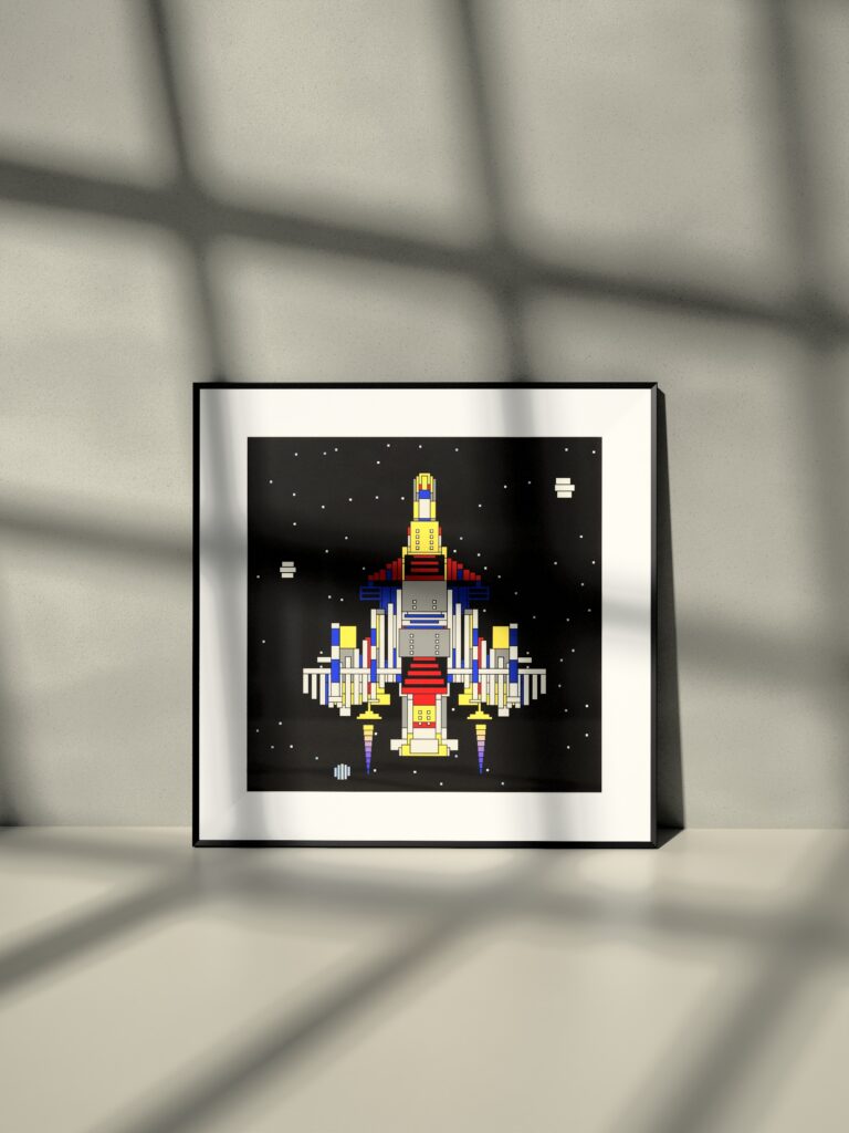 Orbis Glider fine art print by Zolo Kis — framed with a passe-partout, leaning against a wall on a shelf