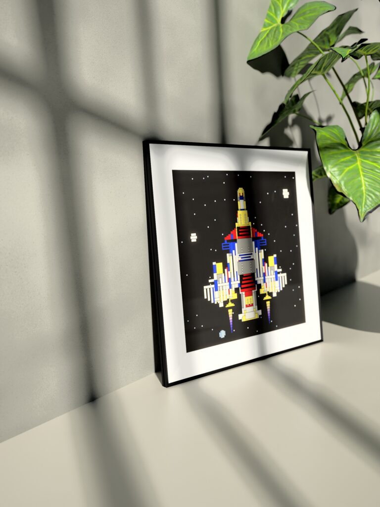 Orbis Glider fine art print by Zolo Kis — framed with a passe-partout, standing on a shelf next to a green plant