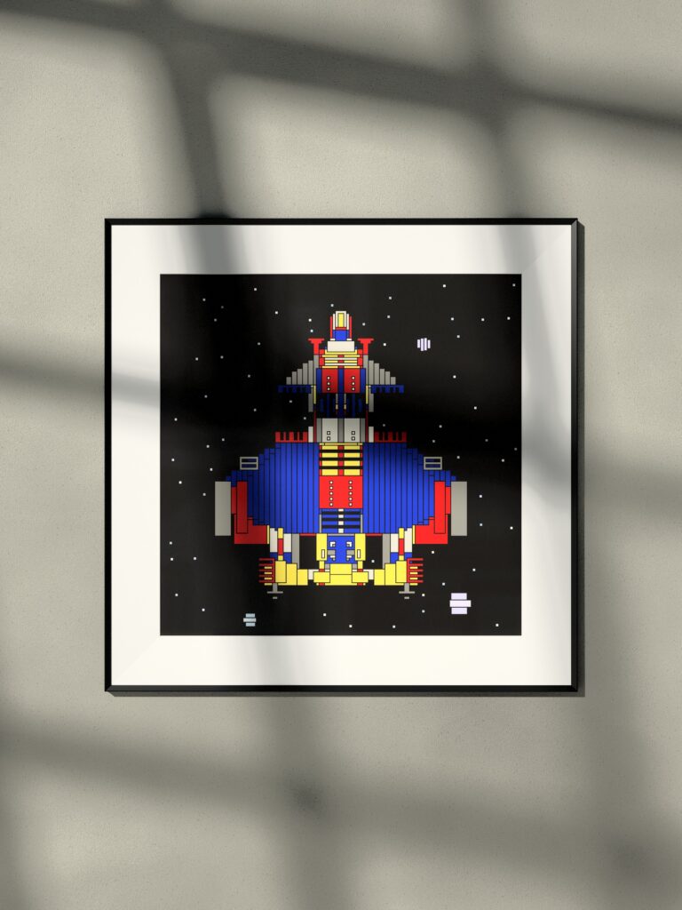 Polaris Skiff by Zolo Kis — framed print of a rocket on black, hanging on a wall in window light