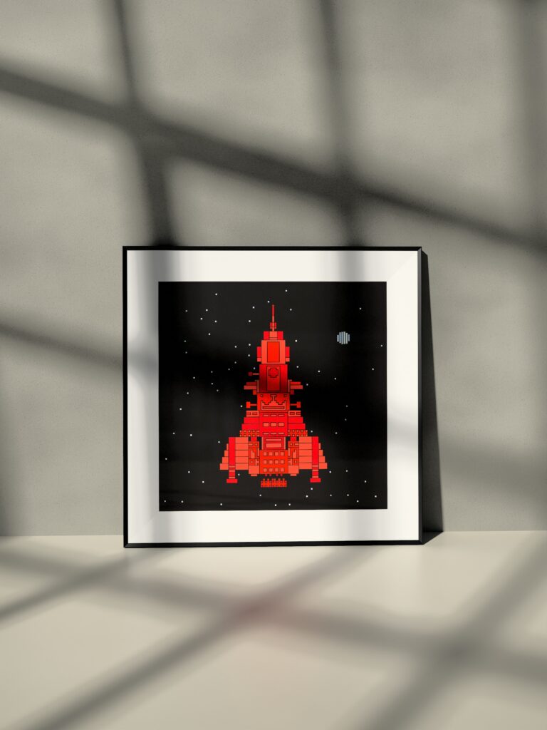 Polaris Skiff fine art print by Zolo Kis — framed with a passe-partout, leaning against a wall on a shelf