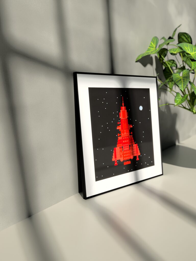 Polaris Skiff fine art print by Zolo Kis — framed with a passe-partout, standing on a shelf next to a green plant