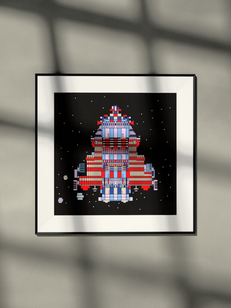 Solace Craft 8 by Zolo Kis — framed print of a rocket on black, hanging on a wall in window light