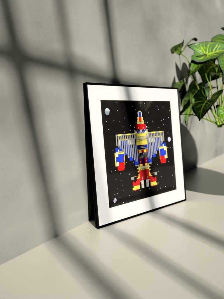 Solace Craft 8 fine art print by Zolo Kis — framed with a passe-partout, standing on a shelf next to a green plant