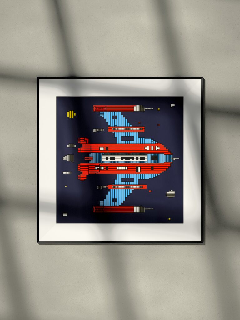 Strata Unit 4 by Zolo Kis — framed print of a rocket on black, hanging on a wall in window light