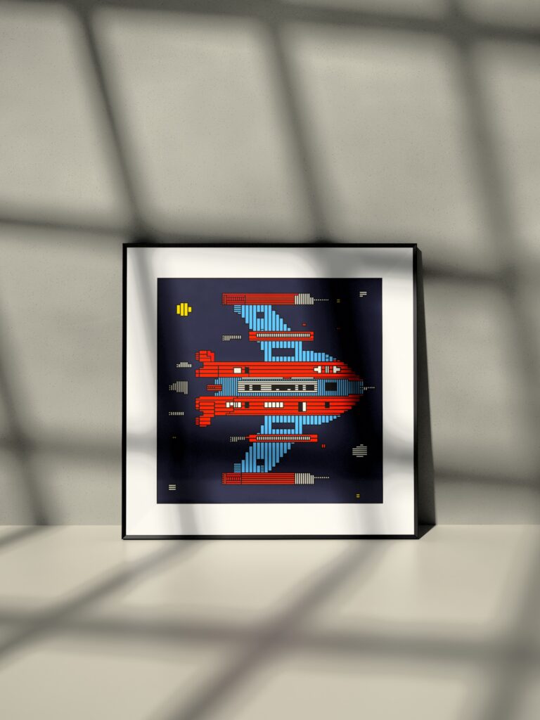 Strata Unit 4 fine art print by Zolo Kis — framed with a passe-partout, leaning against a wall on a shelf