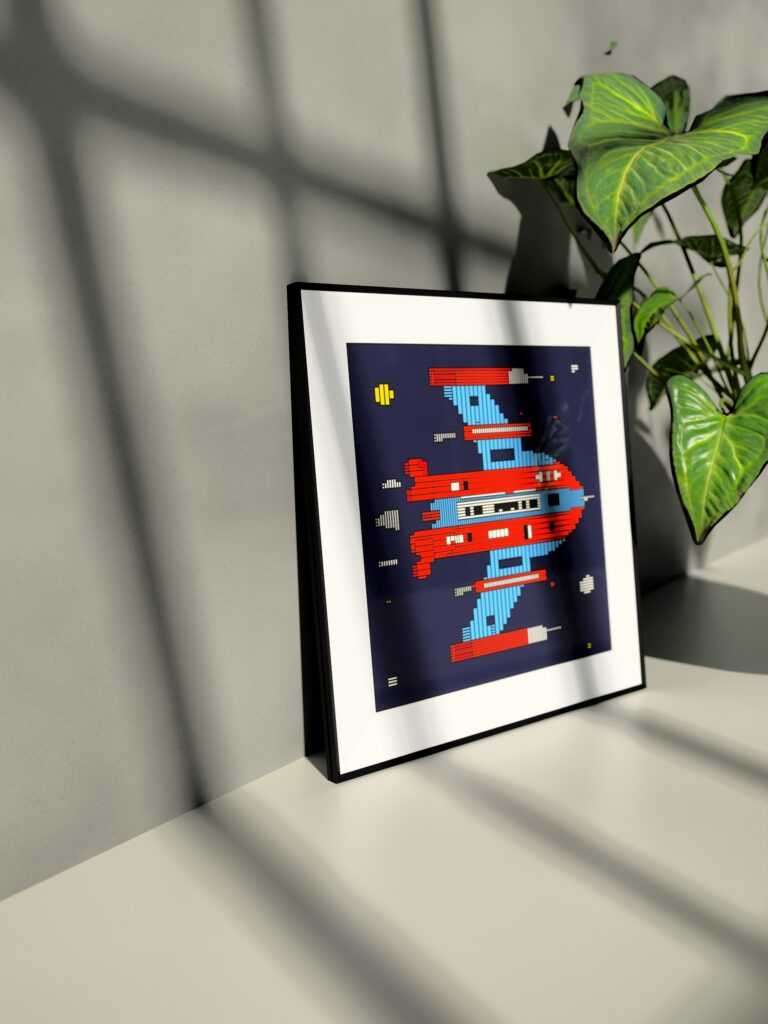 Strata Unit 4 fine art print by Zolo Kis — framed with a passe-partout, standing on a shelf next to a green plant