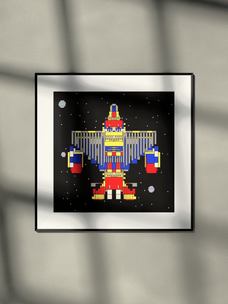 Tidal Ark 4 by Zolo Kis — framed print of a rocket on black, hanging on a wall in window light