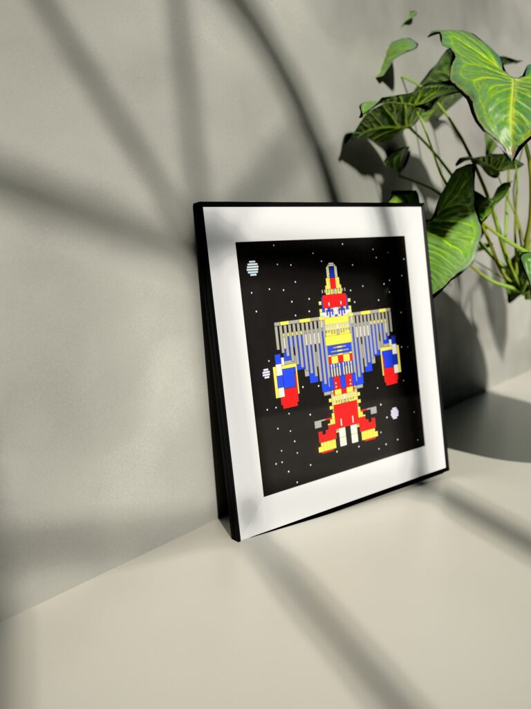Tidal Ark 4 fine art print by Zolo Kis — framed with a passe-partout, standing on a shelf next to a green plant