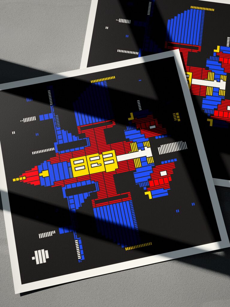 VX-12 Courier fine art print by Zolo Kis — two unframed sheets overlapping on a grey surface