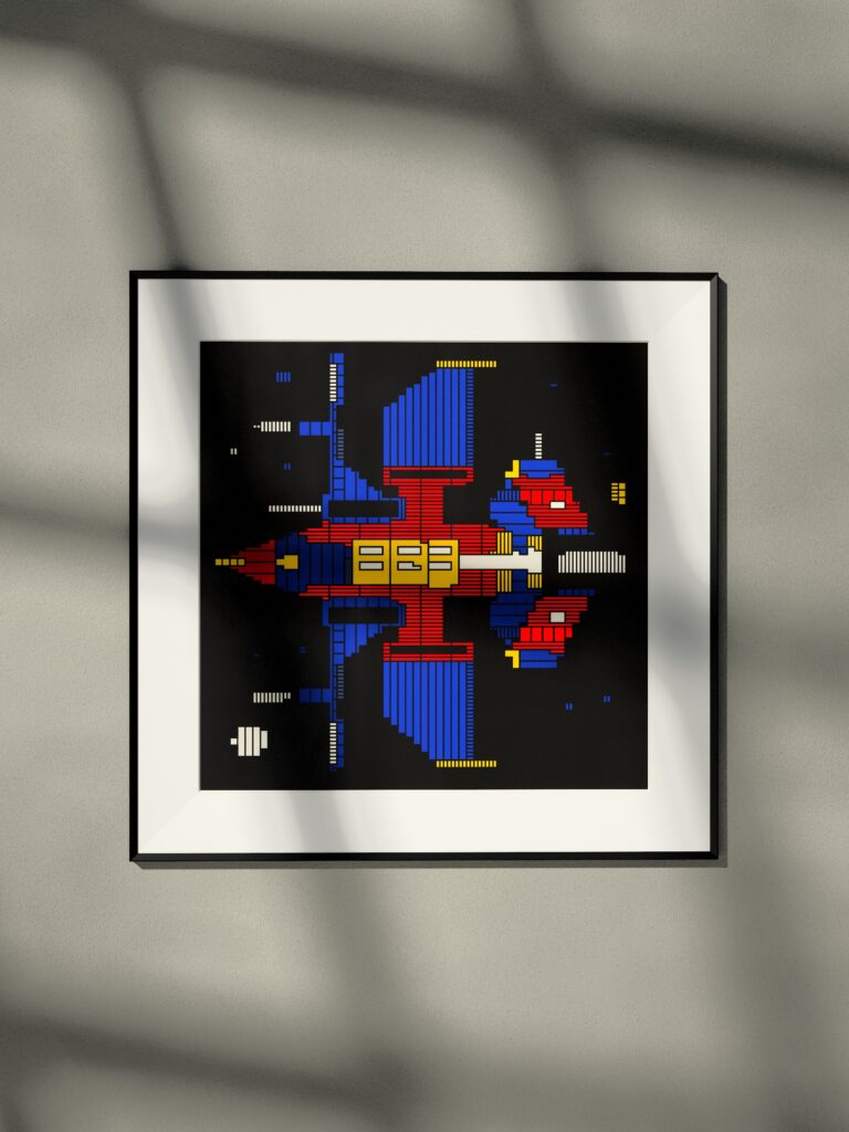 VX-12 Courier by Zolo Kis — framed print of a rocket on black, hanging on a wall in window light