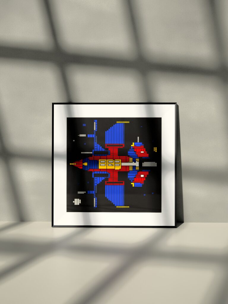 VX-12 Courier fine art print by Zolo Kis — framed with a passe-partout, leaning against a wall on a shelf