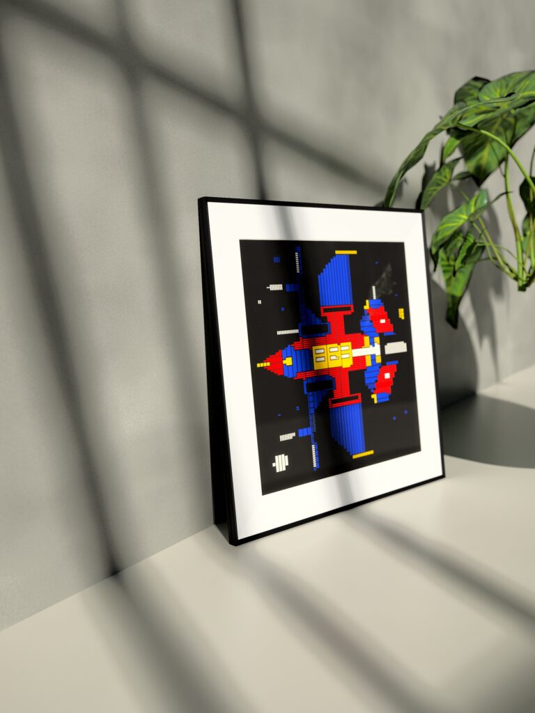 VX-12 Courier fine art print by Zolo Kis — framed with a passe-partout, standing on a shelf next to a green plant