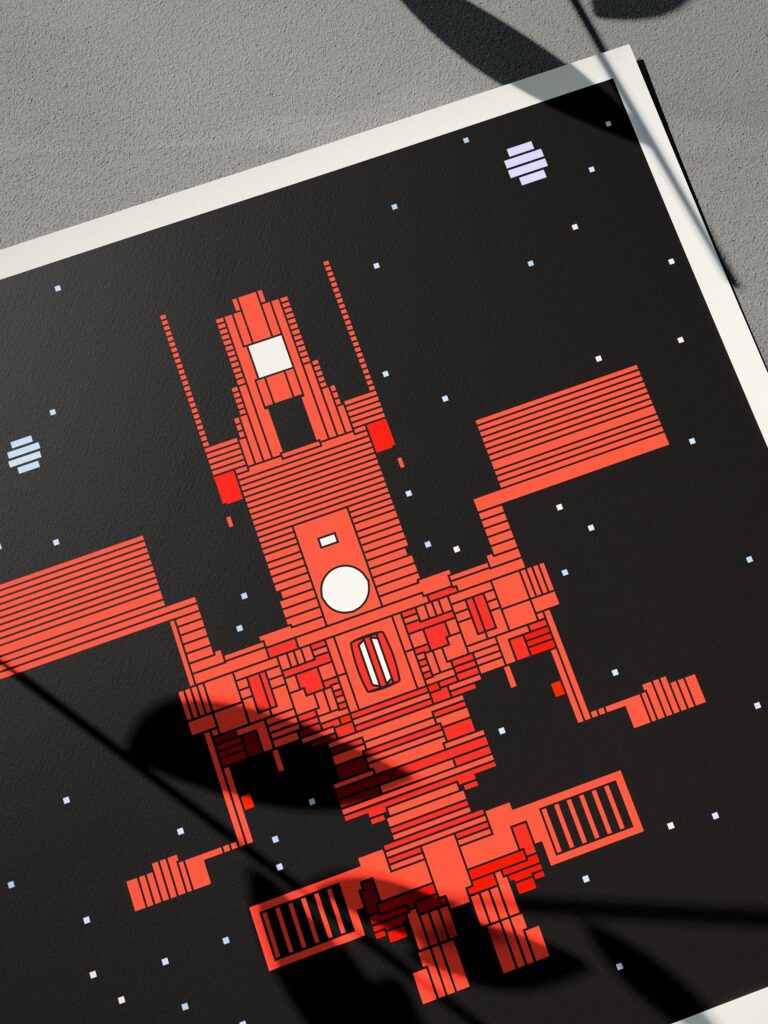 Velvet Orbit 6 fine art print by Zolo Kis — close-up of the printed rocket on the sheet, at an angle