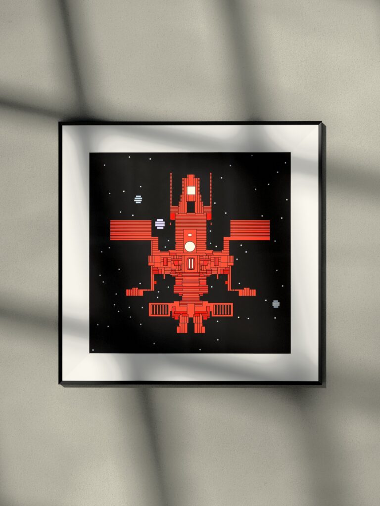 Velvet Orbit 6 by Zolo Kis — framed print of a rocket on black, hanging on a wall in window light