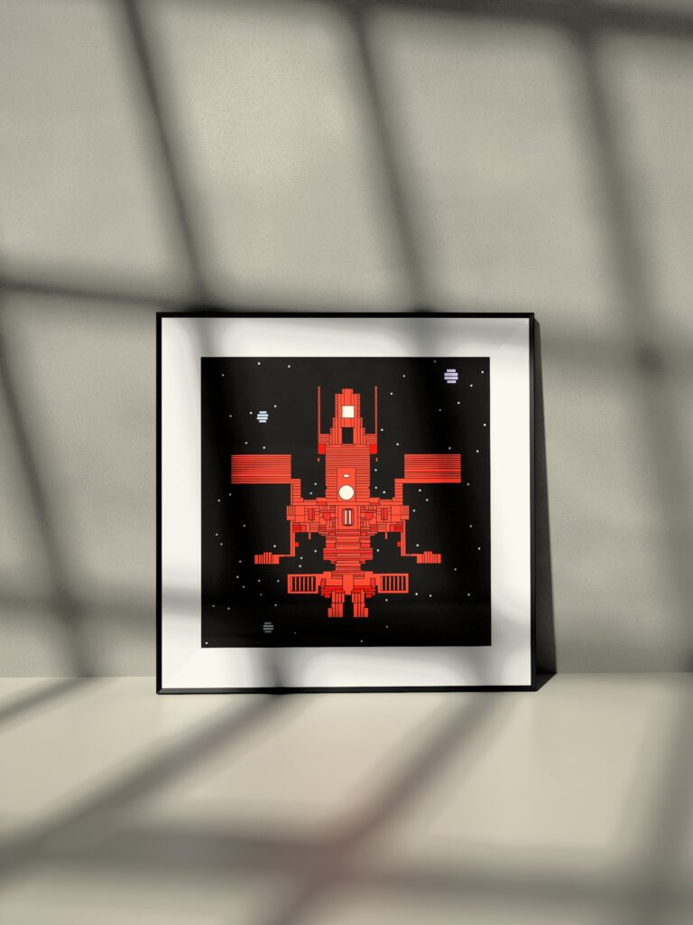 Velvet Orbit 6 fine art print by Zolo Kis — framed with a passe-partout, leaning against a wall on a shelf