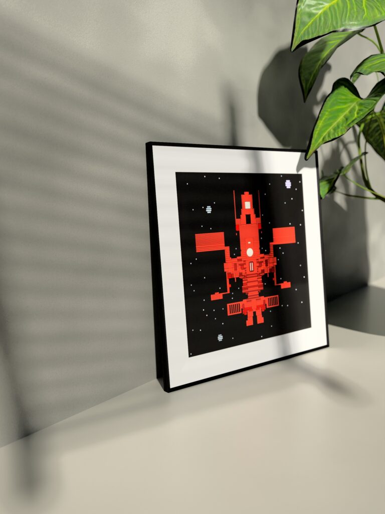 Velvet Orbit 6 fine art print by Zolo Kis — framed with a passe-partout, standing on a shelf next to a green plant