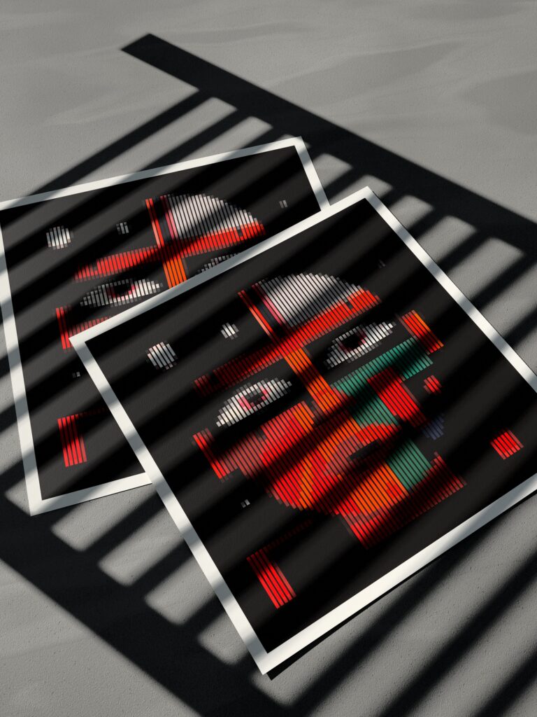 The Captain of the Spaceship fine art print by Zolo Kis — two sheets overlapping in striped window shadow